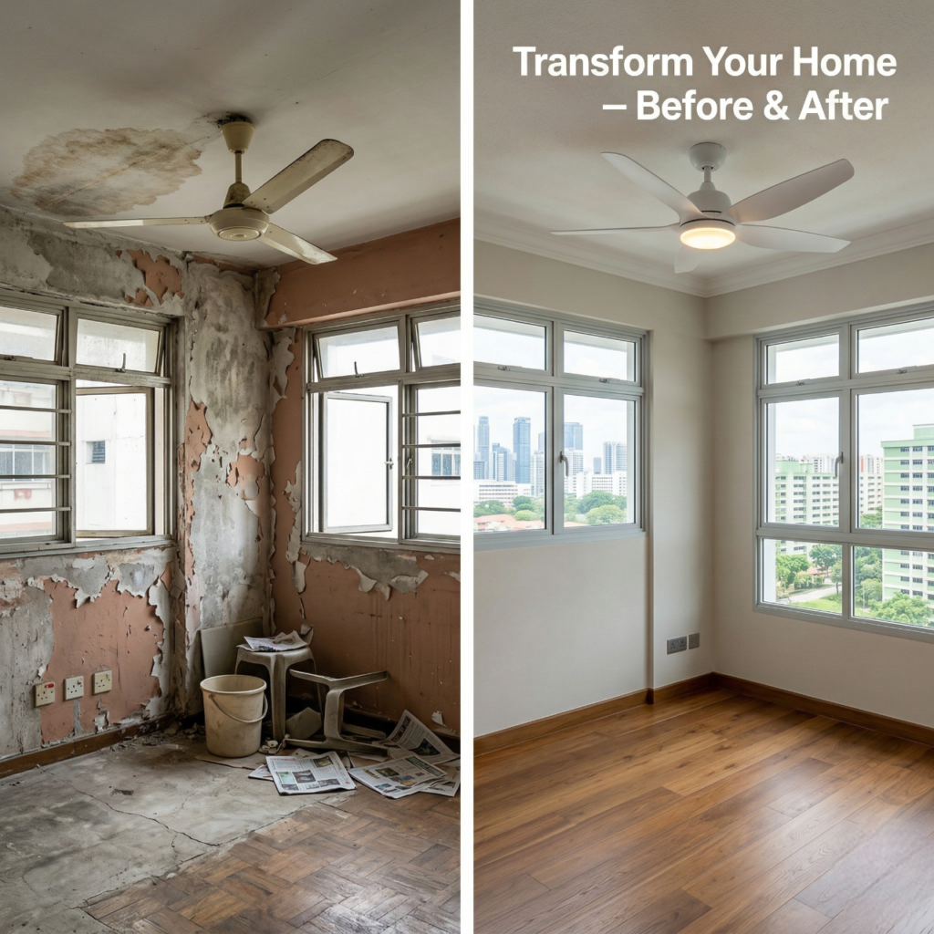 Landed property exterior repaint and HDB flat floor tiling before after transformation model in Singapore