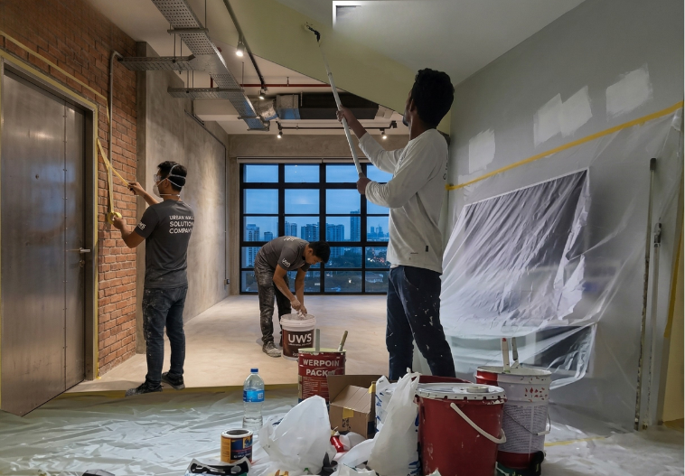 Commercial office interior painting and expert site masking protection in Singapore