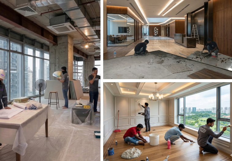 Vertex Works turnkey renovation portfolio showing commercial office design luxury tiling and flooring in Singapore