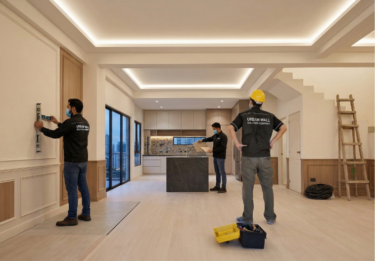 Luxury condo interior painting and premium false ceiling surface preparation in Singapore