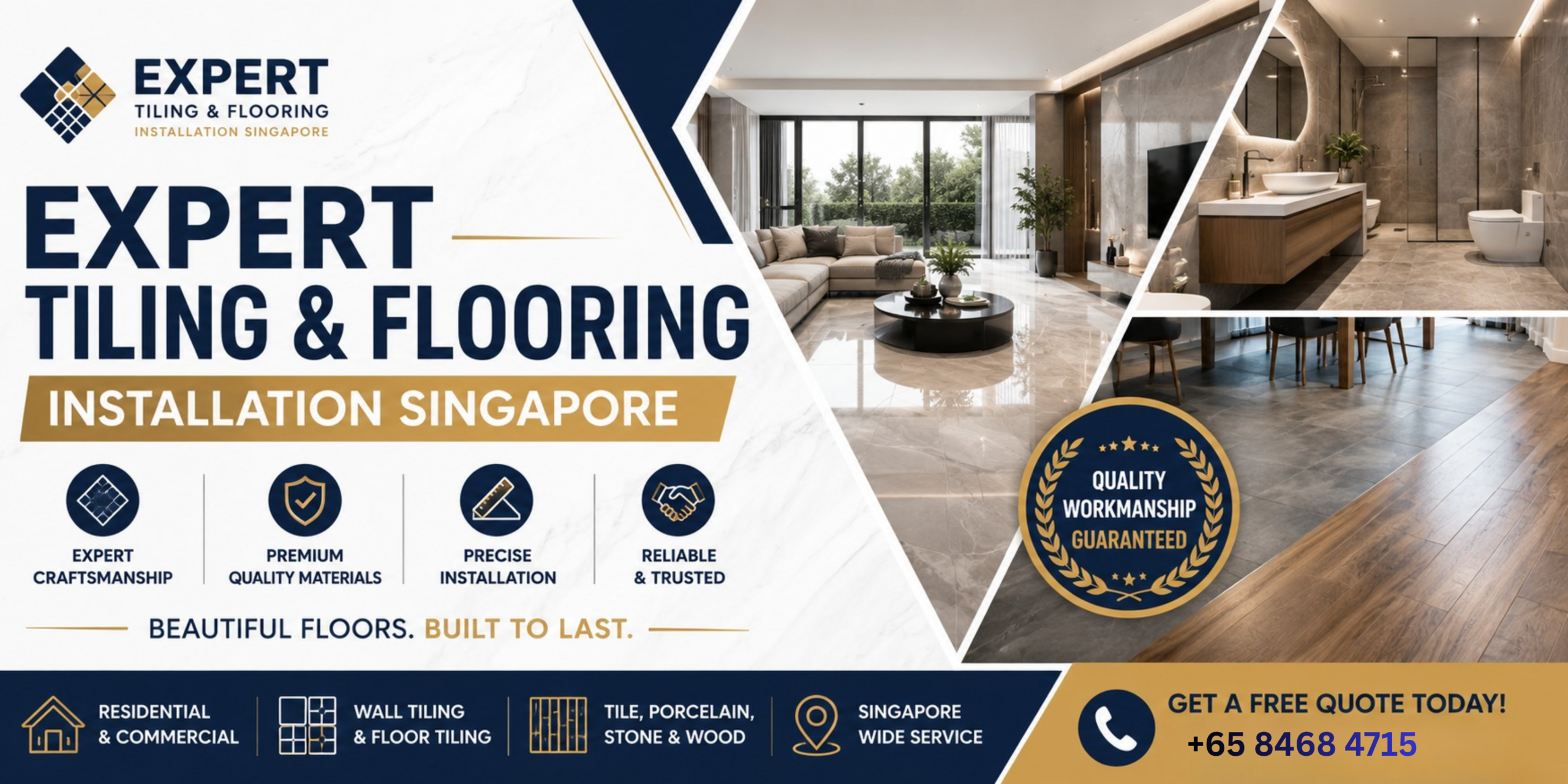 Expert tiling and flooring installation in Singapore featuring luxury living room marble tiles by Vertex Works