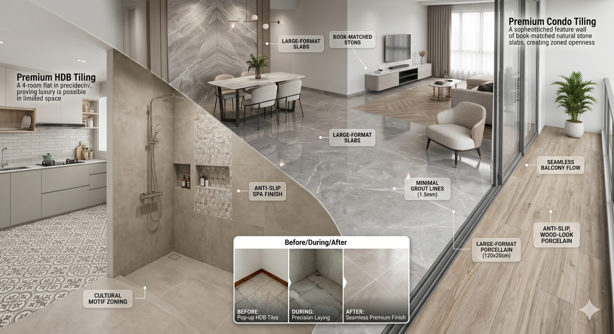 Luxury marble and porcelain tile installation before after presentation model