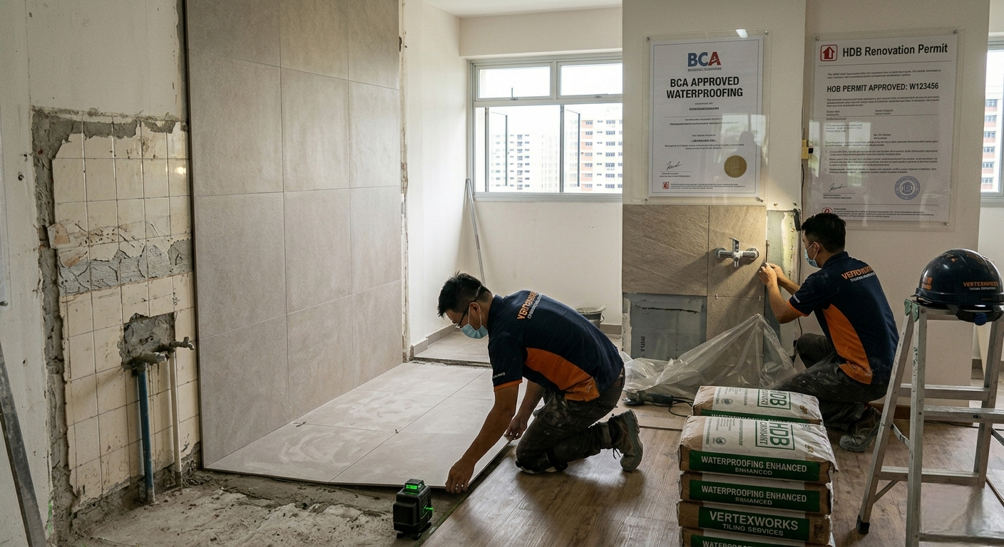 Professional cement screeding and floor leveling preparation inside a Singapore flat