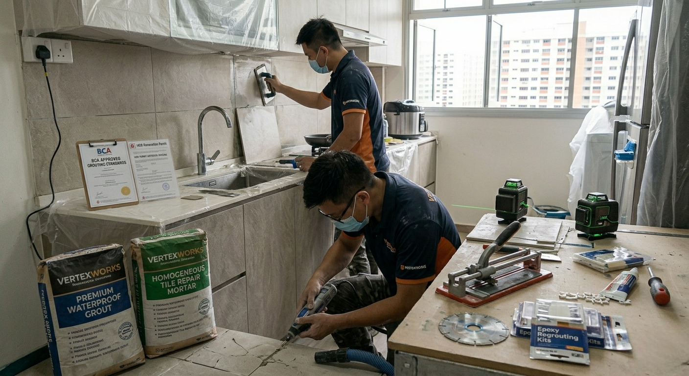 Expert kitchen backsplash re tiling and modern countertop installation in Singapore