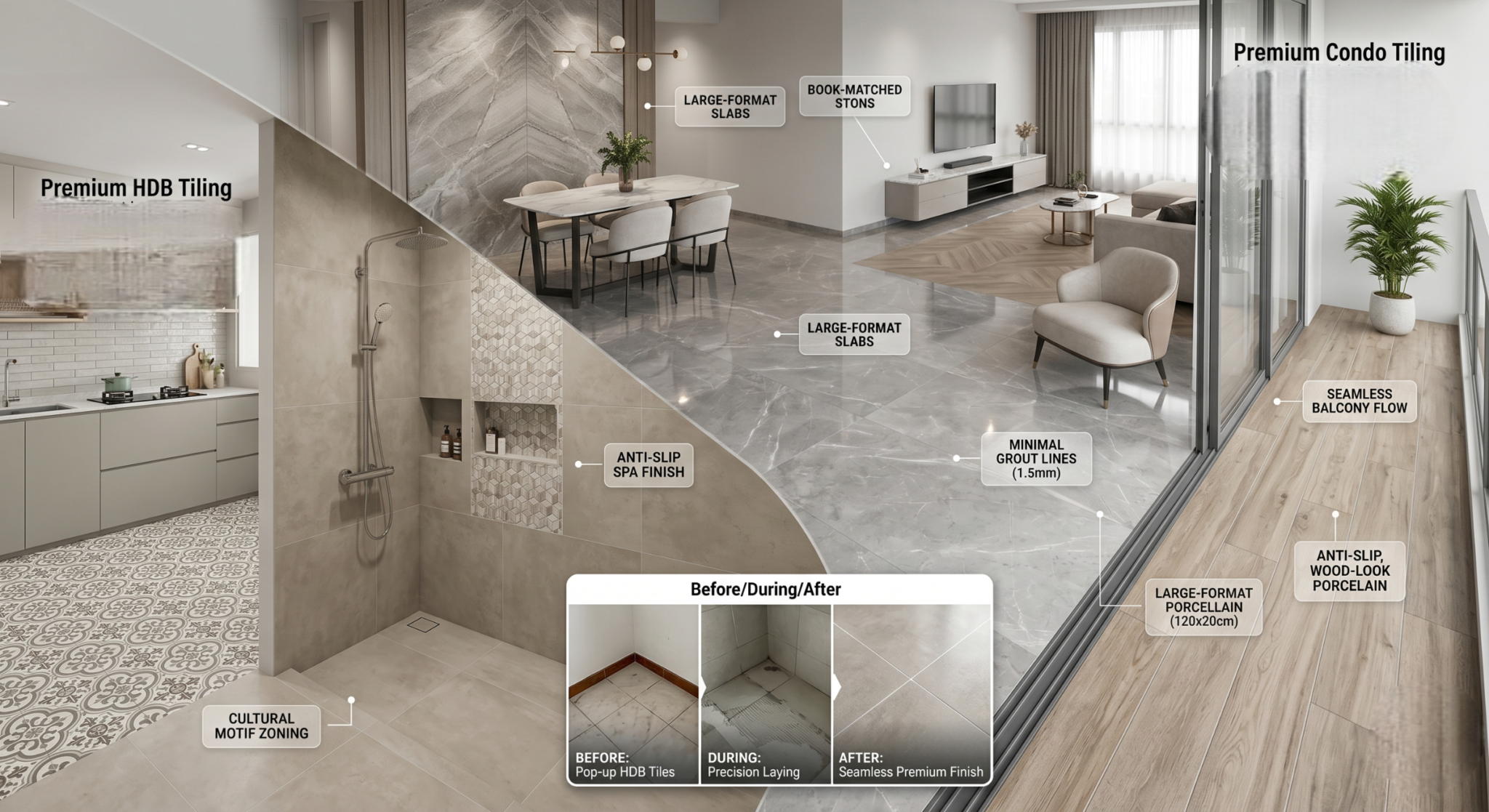 Luxury marble and porcelain tiling layout options for Singapore residential properties