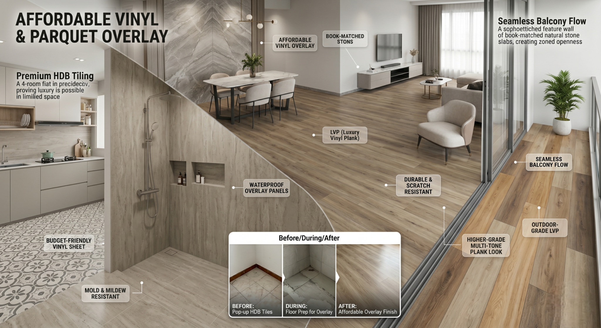 Vinyl flooring overlay before after presentation and texture selection for Singapore homes