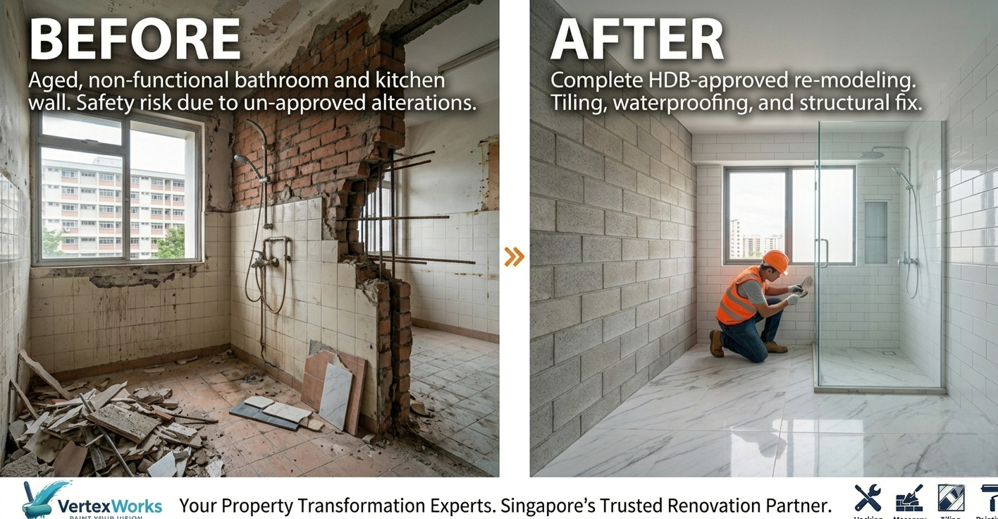 Advanced waterproofing solutions and bathroom wall tile installation for Singapore HDB flats