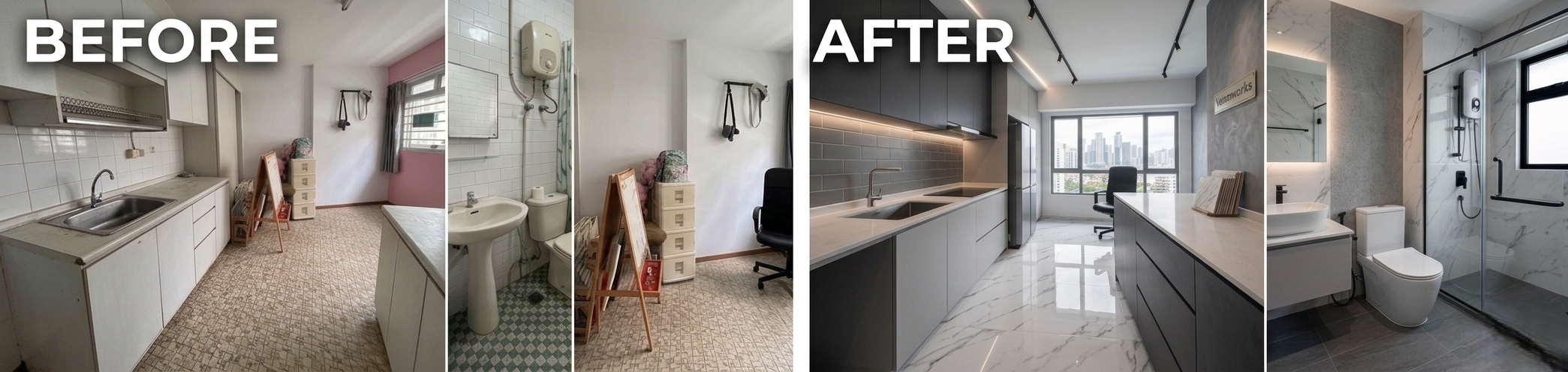 Professional kitchen and bathroom re tiling service with modern countertop installation in Singapore