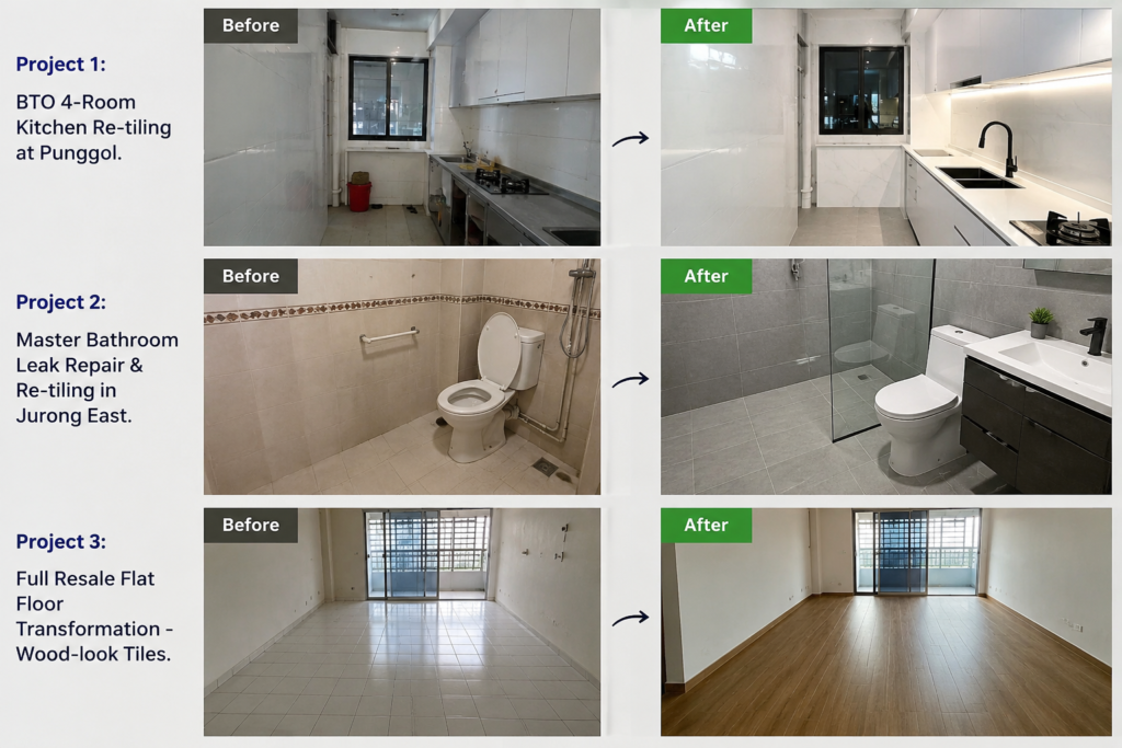 HDB renovation portfolio in Singapore featuring kitchen re tiling at Punggol bathroom leak repair in Jurong East and resale flat floor transformation