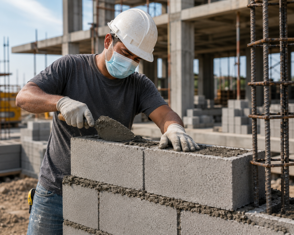 Professional structural masonry worker installing cement brick wall on a Singapore construction site