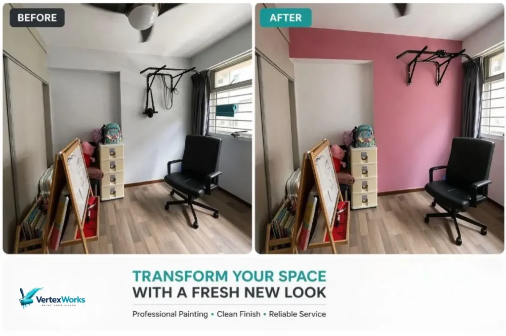 Before and after geometric wall painting design for HDB living room in Singapore